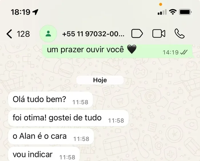 Depoimento de cliente no WhatsApp
